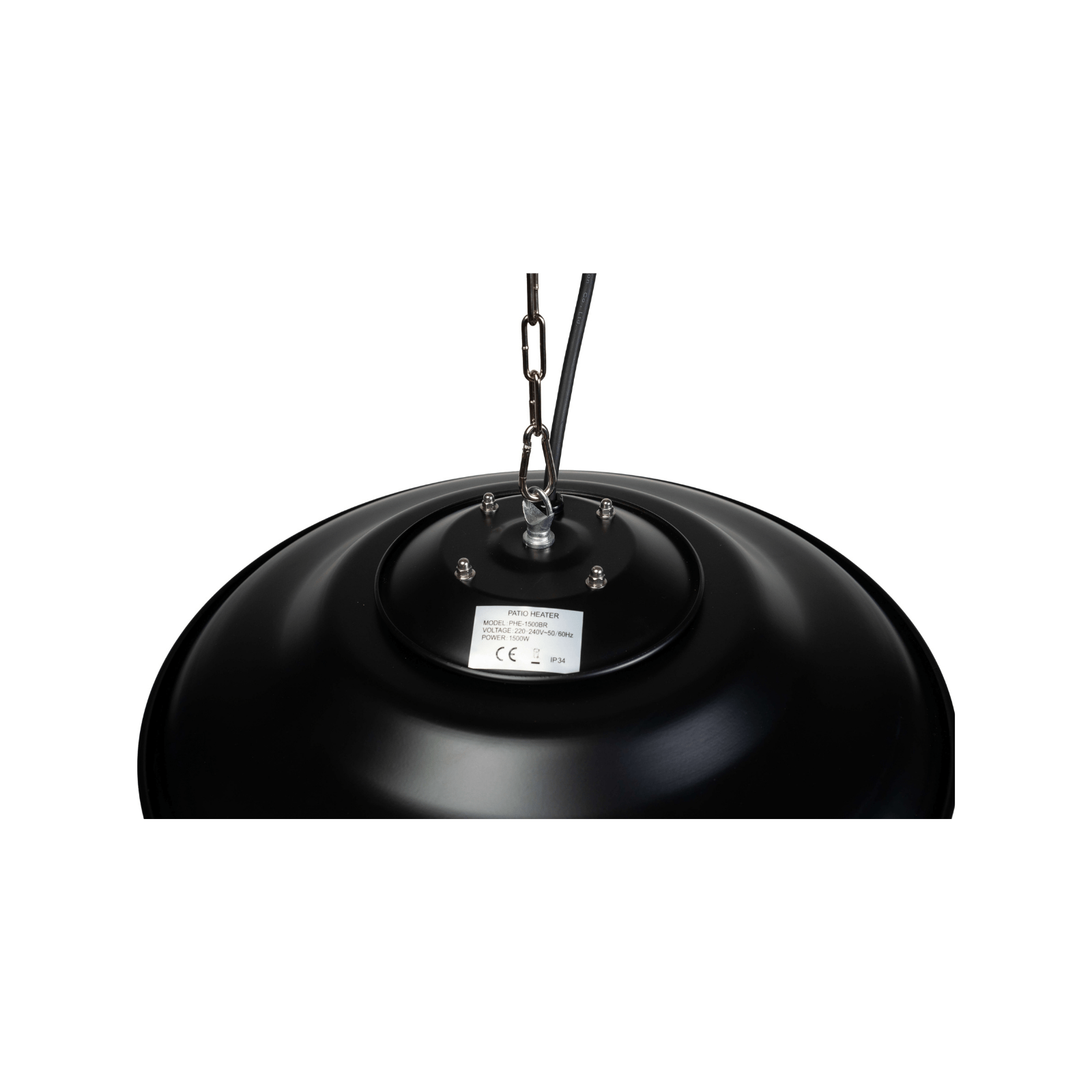 Hangende zwarte Heatix terrasverwarmer of heater met 1500 Watt en infraroodlicht